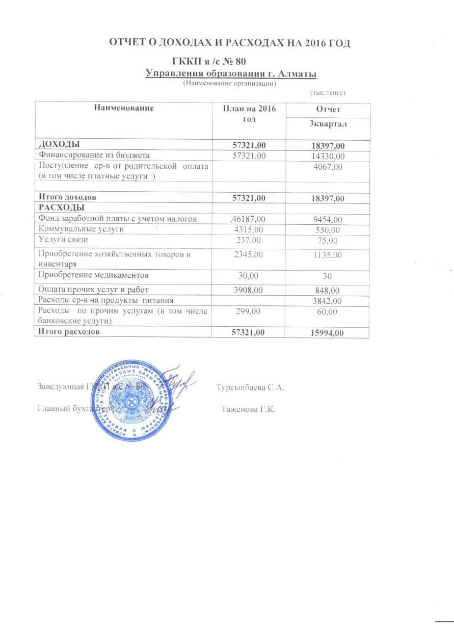 ОТЧЕТ О ДОХОДАХ И РАСХОДАХ НА 2016 ГОД